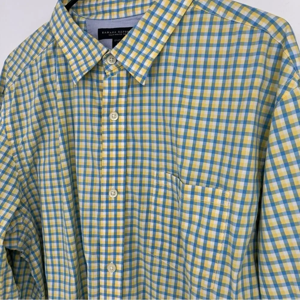 Banana Republic Men's Yellow Blue Checkered Soft Wash Button Down Shirt Size‎ XL